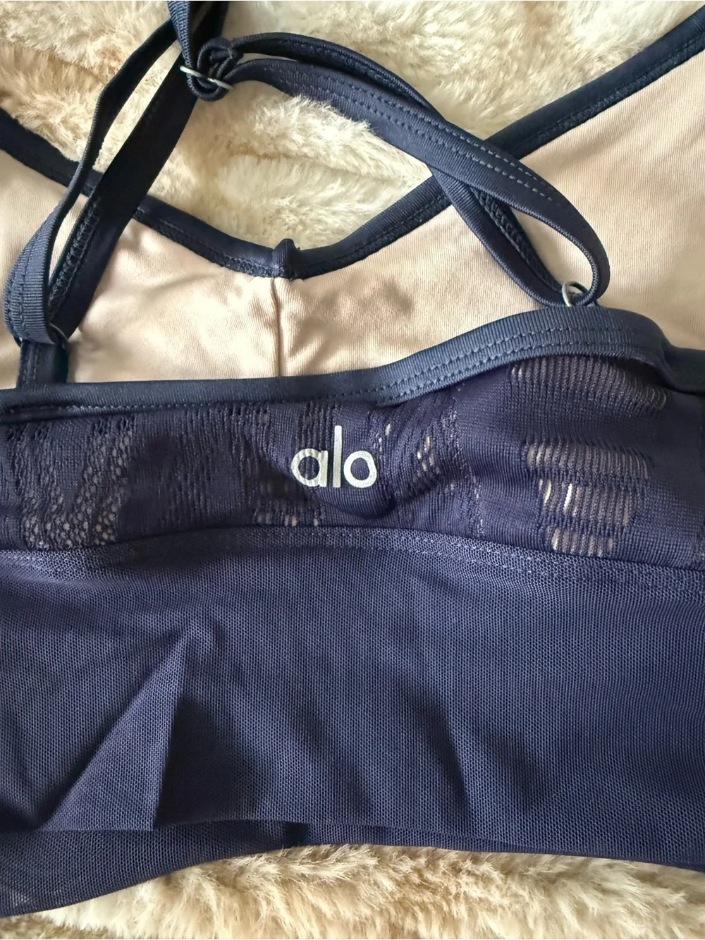 ALO Yoga Purple Strappy Mesh Sports Bra with Beige Lining